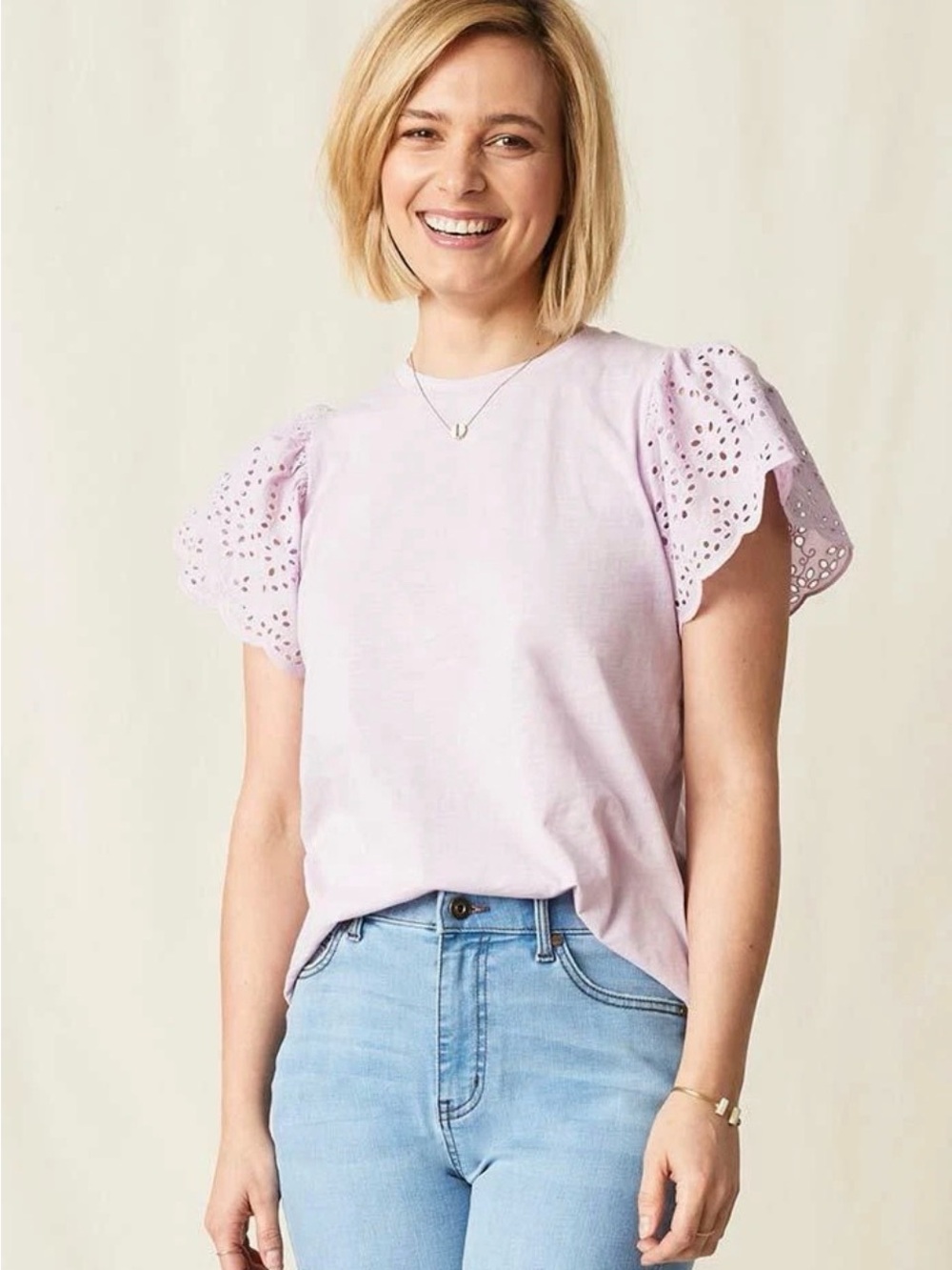 Eyelet Sleeve Crewneck Top - Lavender